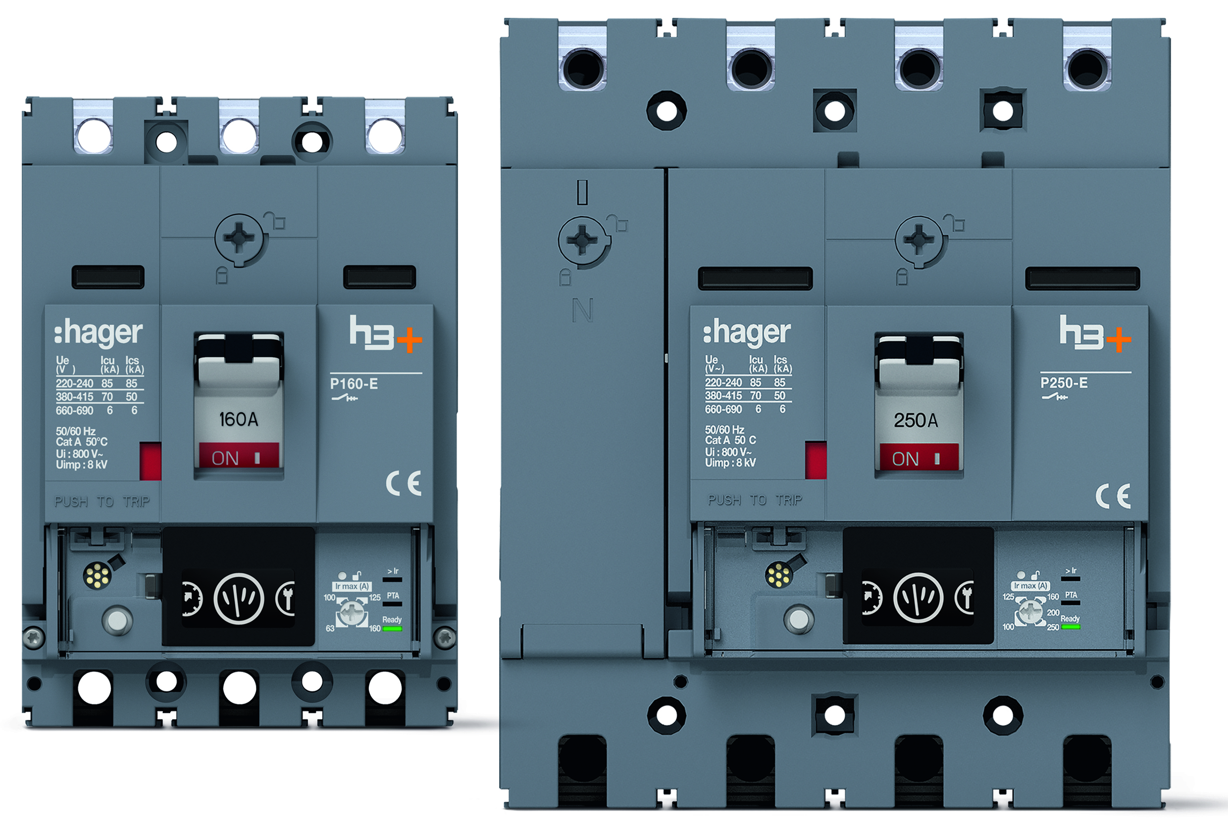 Die neuen H3+ Kompaktleistungsschalter von Hager sind als 3- und 4-polige Varianten in zwei Baugrößen verfügbar: Als Reihe P160 mit 114 Varianten für Nennströme von 25 bis 160A und als Reihe P250 mit 118 Varianten für Nennströme von 40 bis 250A. (Bild: Hager Vertriebsgesellschaft mbH & Co. KG)