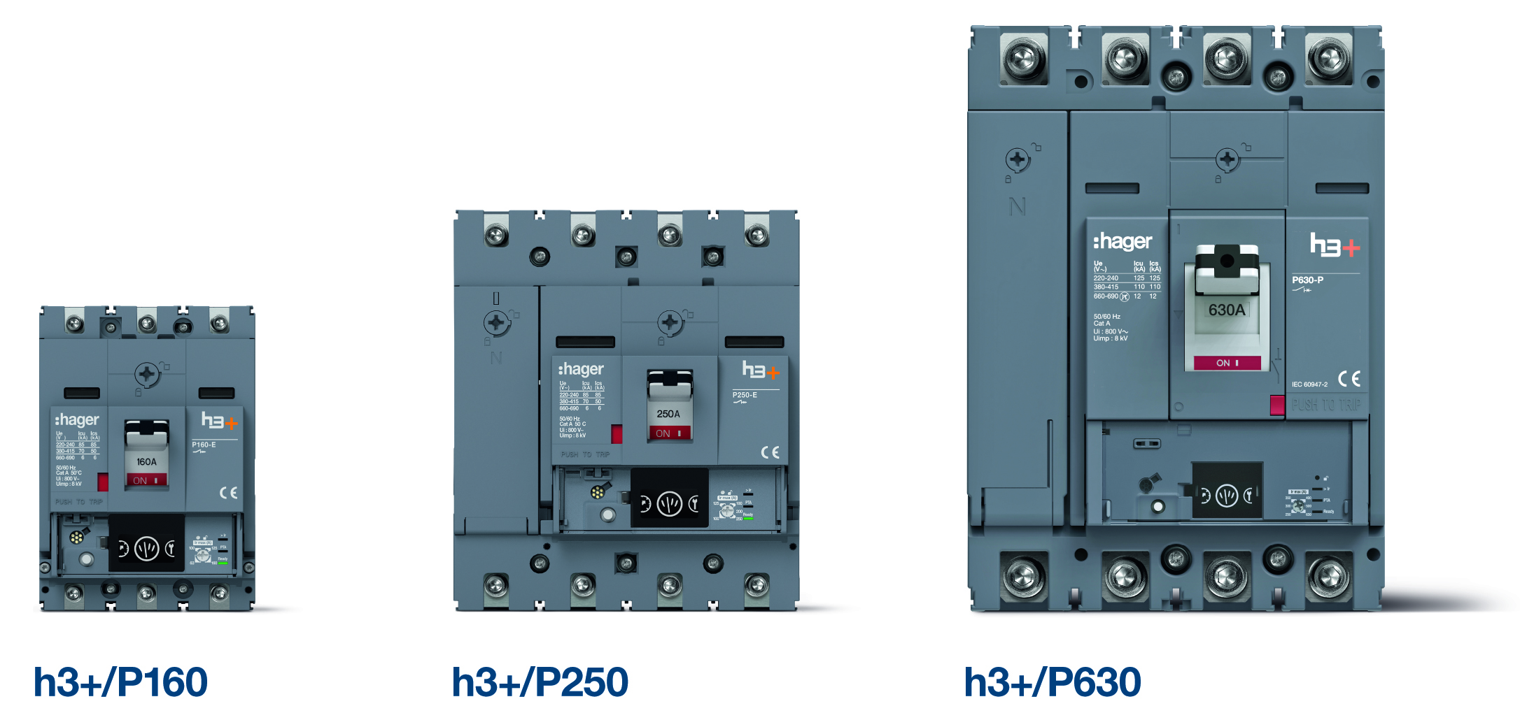 Hager Kompaktleistungsschalter H3+ in allen drei Baugrößen (Bild: Hager Vertriebsgesellschaft mbH & Co. KG)